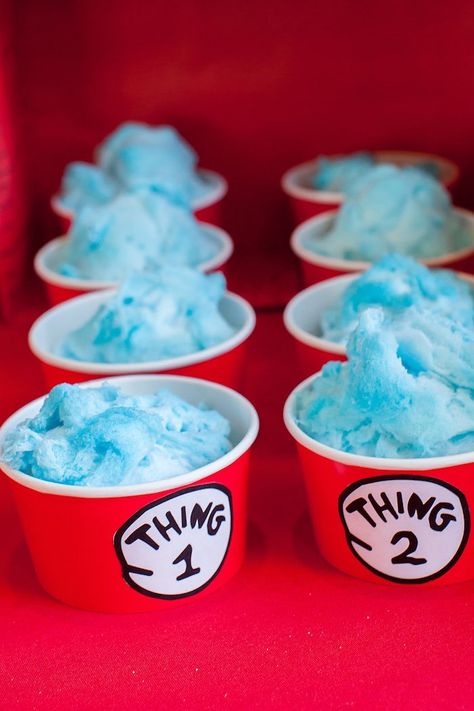 Thing 1 & thing 2 cotton candy from a Cat in the Hat themed Birthday Party via Kara's Party Ideas | KarasPartyIdeas.com - The Place for All Things Party! (9) Dr Seuss Snacks, Doctor Suess Birthday, Dr Seuss Party Ideas, Hat Birthday Party, Cat In The Hat Party, Dr Seuss Birthday Party, Twin Birthday Parties, Dr Seuss Baby Shower, Seuss Party