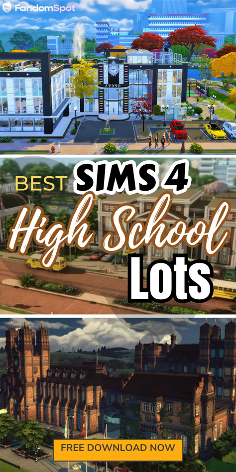 Snag these free high school lots to create custom builds in your own TS4 neighborhood! All free lots with a mix of no-CC and CC added. The Sims 4 High School Cc, Sims 4 Boarding School Mod, Sims 4 Private School, Private School Sims 4, Sims 4 Highschool Floorplan, Sims 4 Cc Highschool, Ts4 High School Cc, Sims 4 Private School Mod, Ts4 School Cc