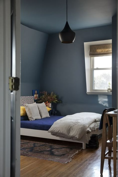 Dark Blue Bedroom Walls And Ceiling, Blue Walls Ceiling, Bedroom Ceiling Painted Same As Walls, All Blue Bedroom Walls And Ceiling, Dark Walls And Ceiling Bedroom, Dark Blue Bedroom Ceiling, Walls Ceiling Same Color, Farrow And Ball Stiffkey Blue Bedroom, Male Bedroom Paint Colors