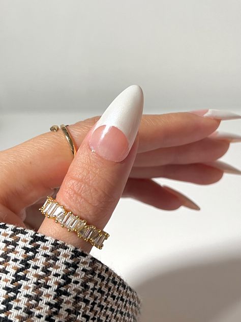 Moon French Tip Nails, Black White French Tip Nails Almond, Almond French Tip Nails Black And White, Half Moon Nail Art, Half Nail French Tip, Half French Nails, Half Moon French Nails, White On White Almond French, White French Tip With Gold Line Almond