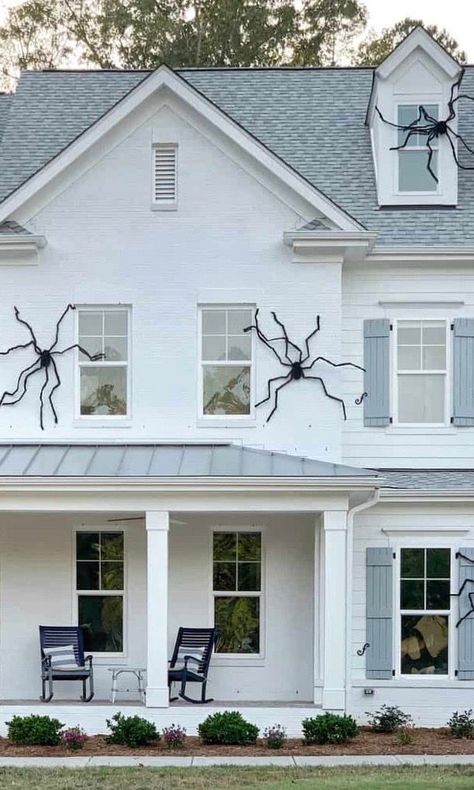 See how we attached giant Halloween spiders on our house! These big spiders were easy (and cheap) to put up. Great Halloween decor! How To Attach Spider To House, Spider House, Chrissy Marie, Garage Windows, Big Spiders, Giant Spider, Halloween Front Porch, Black Spider, Easy Halloween Costumes