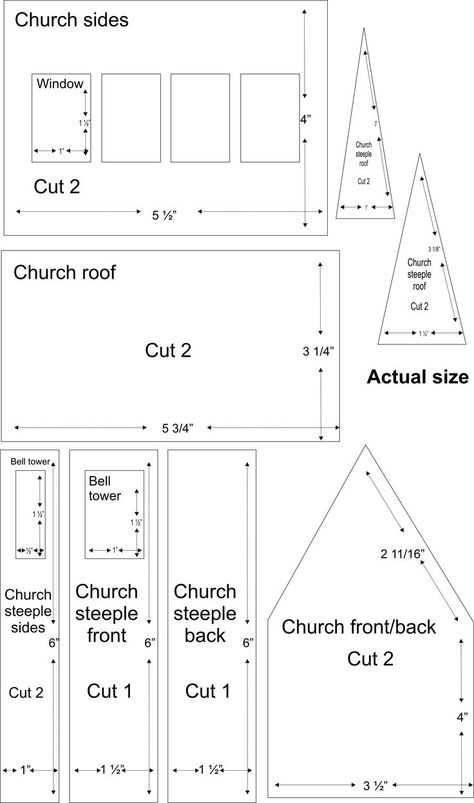 church village illustrations.   These patterns (there is a house on this site, as well) are cut from soft wood, but I think they would work with cardboard.   Very traditional shapes.: Gingerbread Church Template, Gingerbread House Template Printable, Paper House Template, Gingerbread House Patterns, Gingerbread House Template, 3d Templates, Cardboard Christmas, Glitter House, Diy Christmas Village