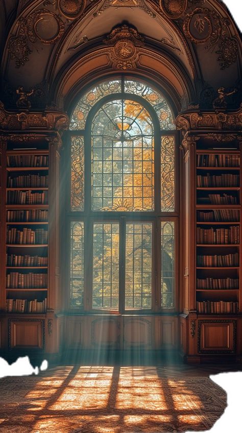 Library With Stained Glass Windows, Cute Library Aesthetic, Castle Library Aesthetic, Ancient Library Aesthetic, Vintage Library Room, Baroque Window, Baroque Library, Old Library Aesthetic, Vintage Library Aesthetic