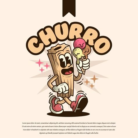 Churro holding ice cream vintage cartoon... | Premium Vector #Freepik #vector Ice Cream Graphic Design, Ice Cream Vintage, Holding Ice Cream, Cookies Logo, Vintage Mascot, Sour Milk, Ice Cream Logo, Cartoon Vintage, Cartoon Mascot