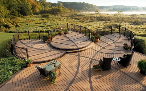 This whimsical creation proves deck don't have to be boring! #Trex Accents decking adds organic design details this outdoor living space. Curved Deck, Diy Wood Floors, Tenda Camping, Deck Pictures, Dream Deck, Wooden Deck, Deck Construction, Trex Deck, Real Estat