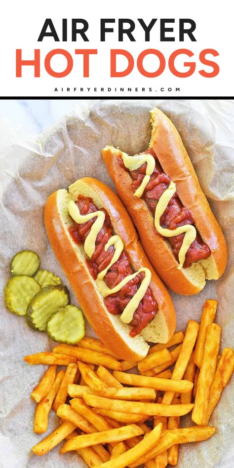 Want more main dishes for dinner? Learn how to air fry hot dogs! Deliciously juicy with crispy skin, this air fried hot dog recipe is a simple dinner idea you'll surely love. Serve this simple dinner idea with your favorite toppings! Simple Hot Dog Recipes, Air Fryer Hot Dogs Recipes, Hotdogs In Airfryer, Air Fry Hot Dogs, Main Dishes For Dinner, Air Fryer Hot Dogs, Weeknight Dinner Pasta, Hot Dog Recipe, Dishes For Dinner