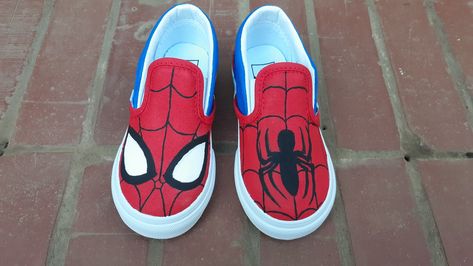 Decorated Shoes Diy, Painted Shoes Diy Easy, Custom Baby Shoes Paint, Custom Kids Vans Shoes, Spiderman Vans Painted, Disney Shoes Diy Paint, Vans For Kids, Monster Truck Painted Shoes, Spiderman Canvas