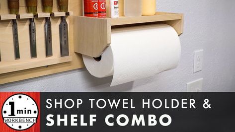 https://oneminuteworkbench.com/product/shop-towel-holder-shelf-combo-free/ ... Diy Paper Towel Holder, Farmhouse Paper Towel Holders, Vertical Paper Towel Holder, Towel Holder Diy, Kitchen Towel Holder, Towel Shelf, Small Shelf, Built In Shelf, Workshop Organization