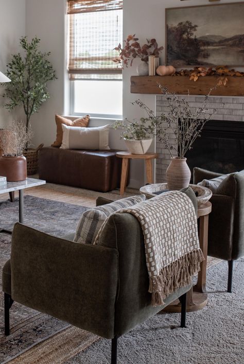 Rustic Cottage Core Aesthetic, Leather Couch Living Room With Accent Chairs, Fireplace Room Furniture Layout, Olive Chair Living Room, Rooms With Dark Wood Furniture, Earthy Dark Living Room, Moody Fall Decor Living Room, Moody Neutral Home, Moody Earth Tone Living Room