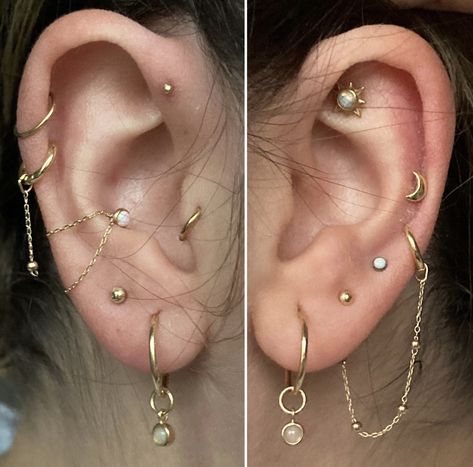 Wedding Earscapes, Capricorn Ear Piercing, Mixed Metal Curated Ear, Mixed Metals Ear Piercings, Piercing Curation Ideas, Ear Piercings Placement Chart Classy, Asymmetrical Piercings, Mixed Metal Ear Curation, Ear Curation Gold