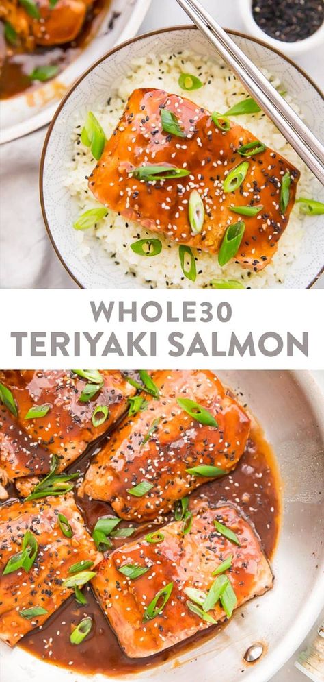 This teriyaki salmon is a quick and flavorful recipe that's Whole30 compliant. Naturally sweetened with coconut aminos, this Chinese inspired recipe is delicious over cauliflower rice! Paleo, gluten free, grain free. #chinese #whole30 #paleo #salmon #dinner Cauliflower Rice Paleo, Paleo Salmon Recipe, Whole30 Salmon Recipes, Baked Teriyaki Salmon, Paleo Salmon, Salmon Teriyaki Recipe, Paleo Seafood Recipes, Paleo Fish, Salmon Marinade