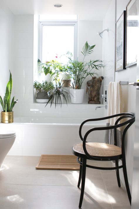 Plants Bathroom, Bathroom Chair, Eclectic Artwork, Led Shower Head, Window In Shower, Modern Condo, Bathroom Window, Bad Inspiration, Bathroom Plants