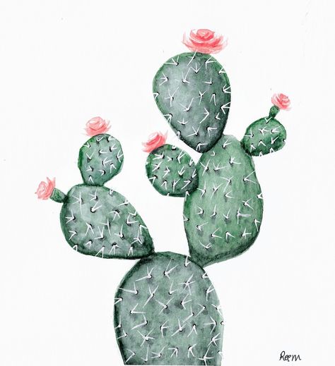 Cactus With Flowers Drawing, Prickly Pear Cactus Illustration, Prickly Pear Painting, Prickly Pear Cactus Painting, Prickly Pear Cactus Drawing, Prickly Pear Cactus Tattoo, Watercolor Art Cactus, Prickly Pear Art, Cactus Watercolor Painting