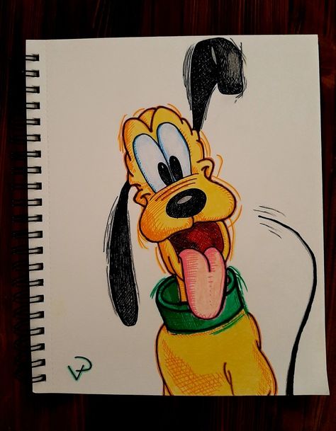 Drawing Ideas Cartoon Characters Disney, Pluto Drawing Disney, Pluto From Mickey Mouse, Things To Sketch Disney, Pluto Disney Drawing, Cartoon Drawings Colorful, How To Draw Pluto, Cartoon Character Collage Drawing, Disney Marker Art