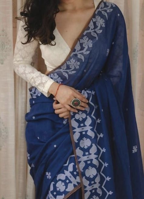 Dark Blue Saree For Farewell, Cotton Saree Look Modern, Dark Blue Saree, Indigo Saree, Saree Jacket Designs, Dress Designs For Stitching, Farewell Sarees, Saree Accessories, Cotton Saree Blouse Designs