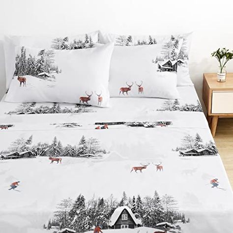 Winter Bed Sheets, Cottage Pattern, Lodge Aesthetic, Winter Bed, Christmas Sheets, Pattern Bedding, Microfiber Bed Sheets, Luxury Bed Sheets, Winter Bedding