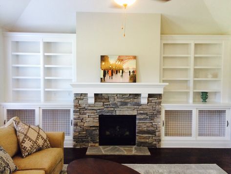 Fireplace Built-Ins with Adjustable Shelves, Crown, and Bypass Door Dog Crates Built In With Dog Crate, Built In Dog Crate Next To Fireplace, Fireplace With Dog Kennel, Built In Dog Crate Living Room, Dog Kennel Built In, Built In Dog Bed, Jade Palace, Crate Bookcase, Fireplace Bookcase