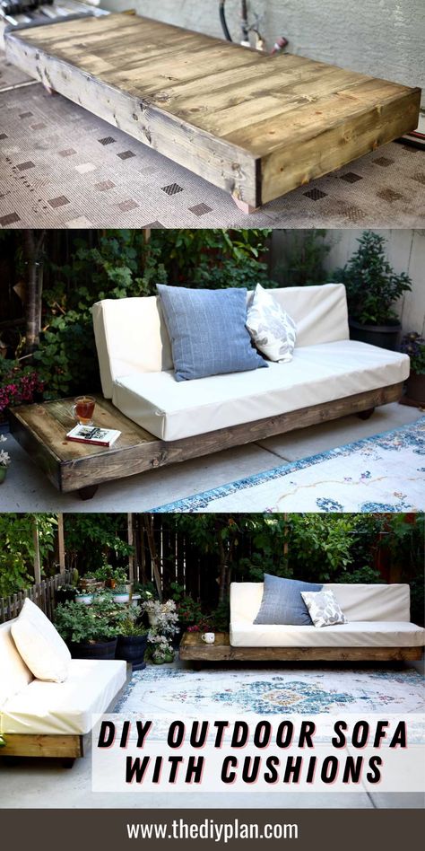 If you’re a DIYer looking to make your own custom patio seating or simply looking for outdoor furniture ideas, check out this DIY Outdoor Sofa with Cushions. #outdoor #project #decor #DIY #inspiration #outdoorsofa Outdoor Couch Plans, Outdoor Couch Diy, Outdoor Sofa Diy, Diy Bank, Front Porch Furniture, Diy Outdoor Seating, Retro Kitchens, Diy Seating, Sofa With Cushions