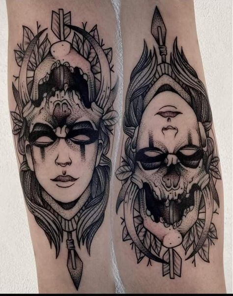 Flip Face Tattoo Design, Dual Personality Tattoo, Double Head Tattoo, Dual Face Tattoo, Flip Face Tattoo, Double Face Tattoo, Traditional Tattoo Woman Face, Shogun Tattoo, Traditional Tattoo Woman