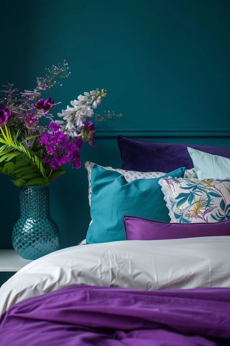 Transform Your Space with Purple and Teal Bedroom Paint Ideas Purple Wall Painting Ideas Bedroom, Purple Wall Painting Ideas, Teal Bedroom Paint, Purple And Teal Bedroom, Purple And Teal Bedding, Teal Blue Bedroom, Spooky Facts, Teal Bedroom Ideas, Bedroom Paint Ideas