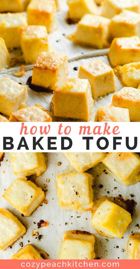 Oven baked tofu is crispy, easy to make, and a healthy protein choice for any vegan dinner. #veganrecipes #tofurecipes #bakedtofu Best Baked Tofu, Baked Halloumi, Tofu Seasoning, Crispy Baked Tofu, Easy Tofu, Peach Kitchen, Tempeh Recipes, Vegetarian Meal Prep, Soy Recipes