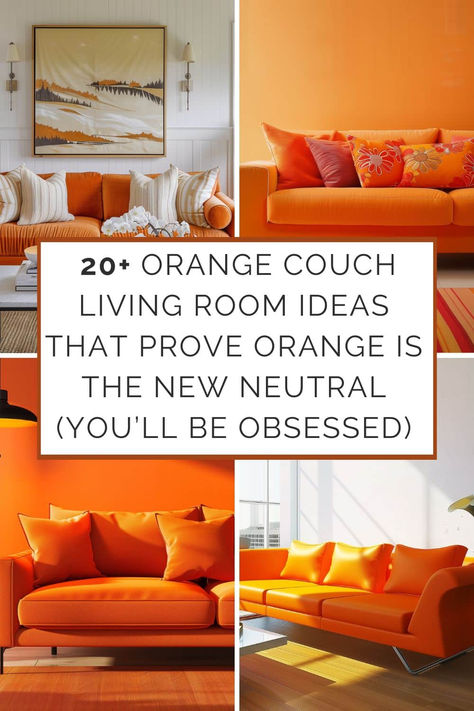 20  Orange Couch Living Room Ideas That Prove Orange Is the New Neutral (You'll Be Obsessed) - HearthandPetals Burnt Orange Sofa Decor, Orange Sofa White Walls, Sofa Orange, Orange Couch Aesthetic, Orange Sofa Living Room, Orange Sofa Living Room Ideas, Orange Couch Living Room, Orange Loveseat, Dark Gray Sofa