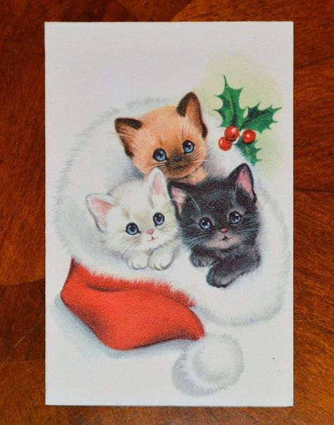 Christmas Kitties, Cat Christmas Cards, Vintage Christmas Wrapping Paper, Meowy Christmas, Christmas Greeting Card, Cats Kittens, Cat Cards, Christmas Cat, Christmas Scenes