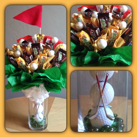 Golf theme candy bouquet Golf Ball Bouquet Gift Ideas, Golf Bouquets, Senior Night Gift Ideas Golf, Homemade Golf Gifts, Golf Themed Gift Baskets, Senior Golf Gifts, Golf Senior Night Gifts, Golf Themed Gifts, Golf Ball Bouquet