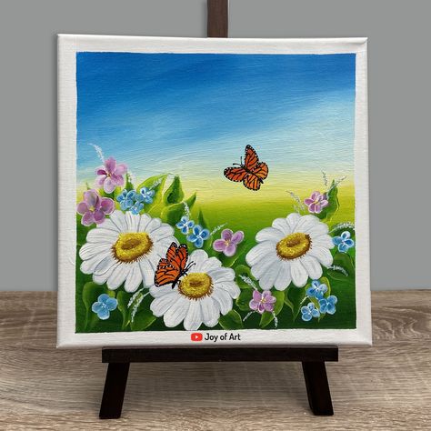 Daisy And Butterfly, Butterfly Acrylic Painting, Butterfly Gardens, Canvas Painting Tutorials, Canvas Drawings, Abstract Art Painting Diy, Spring Painting, Watercolor Art Lessons, Painting Videos