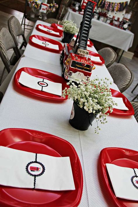 Firefighter Birthday Party Centerpieces, Fireman Table Decorations, Fire Fighter Graduation Party Ideas, Firefighter Centerpiece Ideas, Fireman Retirement Party Ideas, First Responder Birthday Party, Fire Academy Graduation Party, Fireman Birthday Party Ideas, Birthday Fireman