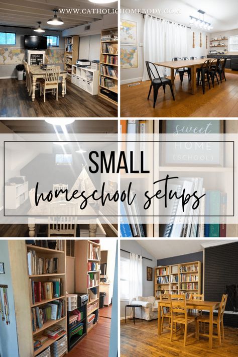 Homeschool Storage Cabinet, Diy Homeschool Room Small Spaces, Tiny Homeschool Space, Homeschool Living Room, Homeschool Area Ideas Small Spaces, Living Room Homeschool Space, Small Dining Room Homeschool Space, Small Homeschool Space, Homeschooling In A Small Space