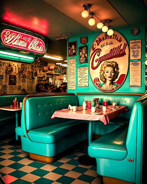 1960s Restaurant Interior, 90s Restaurant Aesthetic, 60s Diner Aesthetic, Retro Diner Aesthetic, 50s Restaurant, 80s Diner, Retro Diner Decor, Retro American Diner, Diner Booth