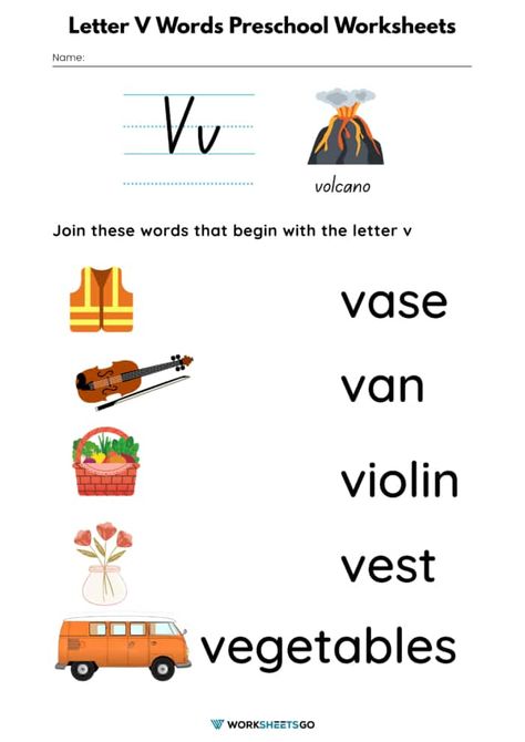 Letter V Words Preschool Worksheet Letter Vv Worksheets, Letter V Preschool, Letter V Worksheet, Letter V Worksheets, Phonics Puzzles, Preschool Pictures, Preschool Weather, V Words, Homework Activities