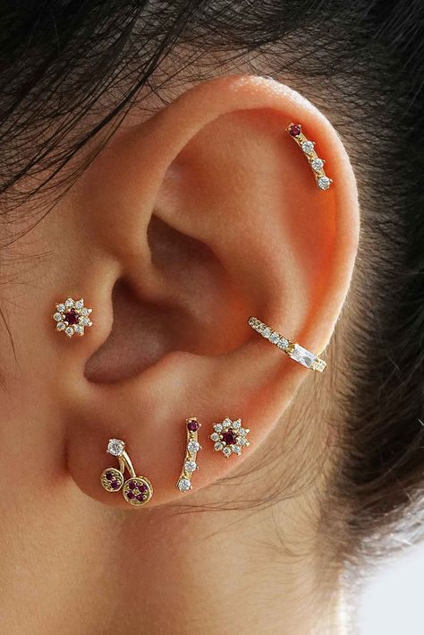 Fine Jewelry Yellow Gold Piercings With Diamond Accents, Elegant Yellow Gold Everyday Piercings, Cherry Piercing, Elegant Gold Piercings With Gemstone, Ear Piercing Map, 14k Gold Piercings With Diamond Accents, Piercing Map, Ear Dressing, Elegant Yellow Gold Nickel-free Piercings