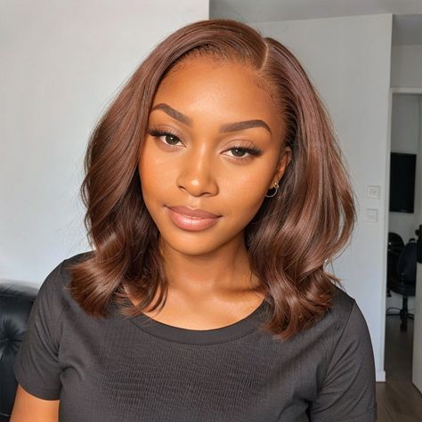 Single Process Hair Color Black Women, Chocolate Brown Bob Black Women, Hair Colors For Cool Undertones, Wig Bob Hairstyles, Side Part Natural Hair, Light Brown Hair On Brown Skin, Fall Hair Black Women, Long Bob Black Women, Chocolate Brown Hair Color Black Women