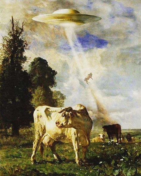 How do you like your Big Macs? #ufo #abduction #cattle Ancient Aliens Guy, Thrift Store Art, Alien Artifacts, Bd Art, Arte Indie, Arte Peculiar, Images Harry Potter, Tableau Art, Alien Art