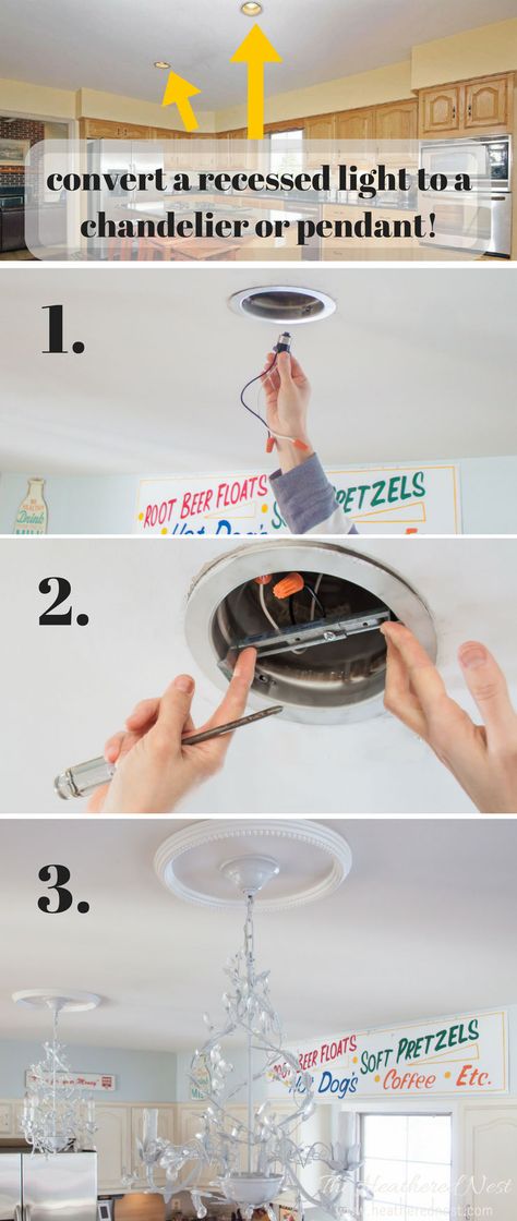 How to Change a Light Fixture using a Recessed Light Conversion Kit. AKA "Can… Recessed Lighting Update, Change A Light Fixture, Recessed Light Conversion Kit, Lighting Updates, Diy Lamps, House Maintenance, Redecorating Ideas, Diy Pendant Light, Vintage Decorating