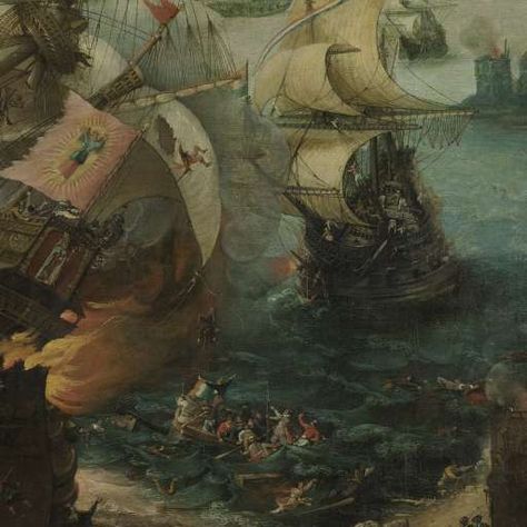 April 25, 1607:  The Battle of Gibralter.  The Dutch fleet defeated  the Spanish fleet in this battle of  the Eighty Years War.  The Explosion of the Spanish Flagship during the Battle of Gibraltar, Cornelis Claesz. van Wieringen, c. 1621 - Rijksmuseum Sumber Daya Alam, Spanish Armada, Marine Artist, Navi A Vela, Sea Battle, Marine Painting, History Facts Interesting, Napoleon Bonaparte, Interesting History