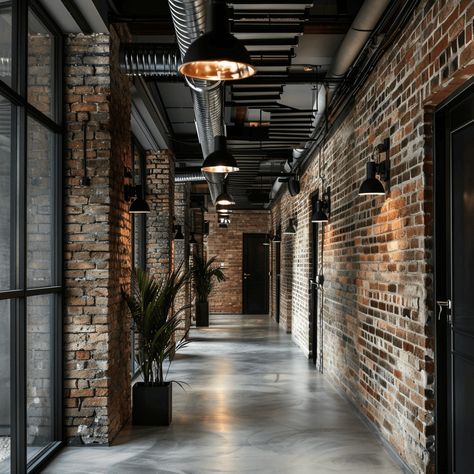 43 Jaw Dropping Industrial Hallway Design Ideas You Must See - Edward George Industrial Hallway, Hallway Design Ideas, Industrial Studio, High End Interior, Industrial Era, Brick Interior Wall, Industrial Office Design, Black Lights, Warehouse Design