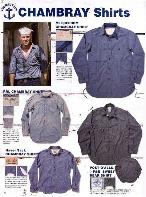 Chambray Shirts, Workwear Vintage, Denim Workwear, Freedom Shirts, Ivy Style, Mens Fashion Rugged, Bear Shirt, Heritage Fashion, Navy Fashion