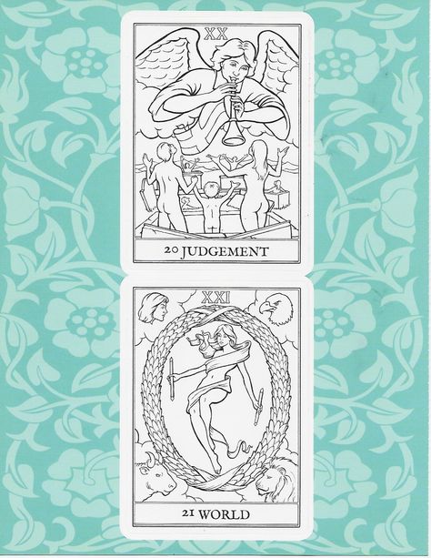 Judgement and world tarot card coloring page Tarot Cards To Print, Tarot Card Outline, Tarot Card Coloring Pages Free Printable, Coloring Pages Tarot Cards, Tarot Coloring Pages, Tarot Colouring Pages, Diy Tarot Cards, Harry Potter Coloring Pages, The World Tarot