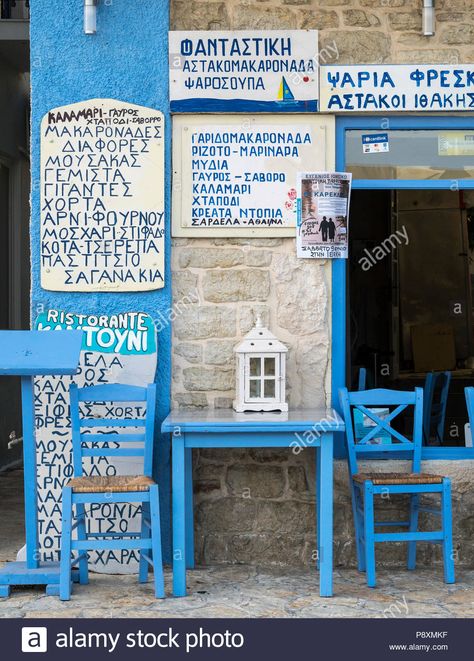 Menu on the wall of a tavern in Vathy town, Ithaca island, Ionian sea, Greece Greek Taverna Decor, Greek Restaurant Branding, Greek Taverna, Greek Cafe, Greek Dinner, Greek Menu, Greek Dinners, Greek Restaurants, Food Signs