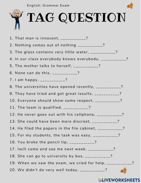 Question Tags Worksheet, Question Tags Worksheet With Answers, Wh Questions Worksheet, Question Tags Grammar, Esl Question Words Worksheet, Question Tag, Grammar Test Worksheets With Answers, Advance English, Adjective Worksheet