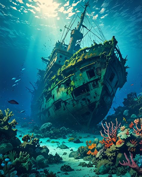 "Sunken Ship Covered in Coral" #aiart #animeillustration #illustrationart #illustration #illustrator #art #design #drawing #painting #artwork #generativeartworks Sunken Ship Illustration, Sunken Ship Painting, Sunken Ship Art, Bottom Of The Ocean Drawing, Shipwreck Illustration, Sunken Ship Drawing, Save The Ocean Art, Underwater World Drawing, Underwater World Illustration