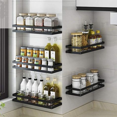 YunNasi Spice Rack Wall Mounted Black 1 Tier Hanging Spice Organizer Metal Bathroom Shelf Shower Organiser Storage Ideal Storage Unit for Kitchen Pantry and Bathroom, (Matte Black, 20cm) : Amazon.co.uk: Home & Kitchen Metal Bathroom Shelf, Kitchen Organization Wall, Organiser Cucina, Wall Mounted Spice Rack, Wall Storage Shelves, Kitchen Wall Shelves, Seasoning Rack, Spice Shelf, Metal Bathroom