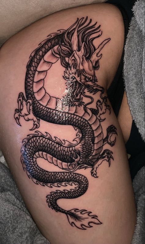 #dragon #tattoo #thightattoo #blackandwhite #asstattoo #chinesedragon Full Leg Dragon Tattoos Women, Shaded Dragon Tattoo, Dragon Tattoo For Women Leg, Dragon Thigh Tattoos Women, Dragon Leg Tattoo For Women, Tattoo Ideas Female Big, Thigh Dragon Tattoo, Big Dragon Tattoo, Dragon Tattoo On Thigh