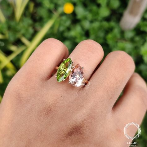 Engagement Rings Colorful, Peridot Wedding Ring, Two Stone Ring, Jewelry Certificate, Morganite Gemstone, Peach Morganite, Pear Ring, Ring Marquise, 14k Rose Gold Ring