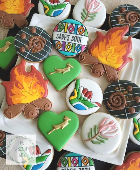 South Africa Christmas Decorations, Heritage Day South Africa Food, South Africa Theme Party, Heritage Day Decor South Africa, South African Party Food, Potjiekos Party Theme, Rugby Cookies, South African Party, Springboks Rugby South Africa