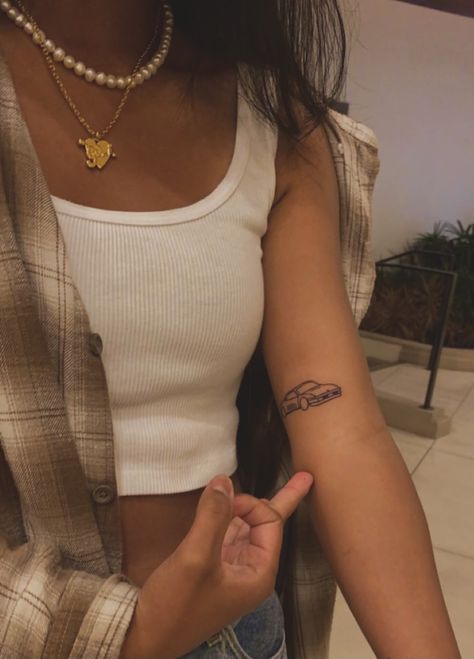 Car Related Tattoos Women, Car Tattoo Placement, Frank Ocean Bmw E30 Tattoo, Red Car Tattoo, Emma Chamberlain Car Tattoo, Aesthetic Car Tattoos, Keep A Place For Me Tattoo, Dainty Motorcycle Tattoo, Mustang Car Tattoo For Women