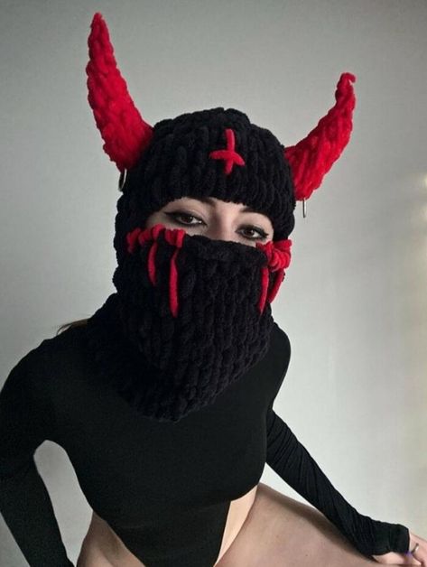 Mask Scary, Beanie Hat Pattern, Crochet Mask, Devil Horns, Knitted Balaclava, Scary Mask, Bunny Hat, Halloween Face Mask, Cool Masks